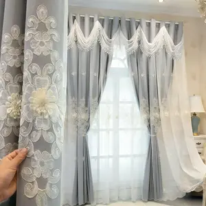 1pc Double Layer 100% Total Blackout Retro Cloth & Sheer Integrated Curtain, Adorned with Exquisite Gold Floral Embroidery & Lace Trim at Bottom, Ideal for Living Room & Bedroom Home Decor, Window Curtain