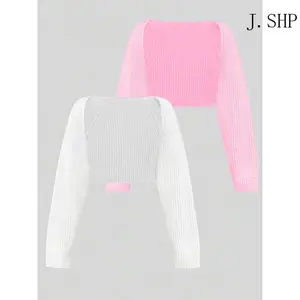 Women's Minimalist Textured Raglan Sleeve Shrug Set, Chic Open Front Sweater Cardigan, Back To School Cropped Cardigan herringbone necklace