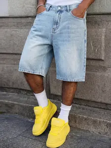 Summer Denim Shorts Five-Point Pants Bottom, No Stretch Straight Leg Jeans Fit, Cotton Ripped Breathable Streetwear, Fashionable Casual Commuter Wear