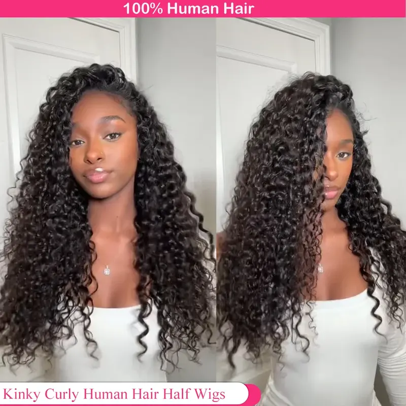 [Glueless 3 in 1 Half Wig] Bling Hair Kinky Curly Half Wig 3 In 1 Flip Over Human Hair Deep Wave 180% Density Glueless Wigs Human Hair Curly Half Wigs for Black Women Drawstring Seamless Flip Headband Wig Beginner Friendly TikTokShopHolidayHaul