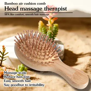 Mini Cushion Bamboo Hair Brush, Portable Scalp Massager, Anti-Static Paddle Brush, Travel Size, Wooden Handle, for Thin/curly/dry Hair