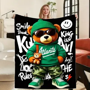 Atlanta Themed Flannel Blanket with Cute Bear in Green Hoodie Camo Pants Plush Soft Lightweight All Season Sofa Bed Camping Accessory Hip Hop Inspired Throw Blanket for Adults Winter Christmas Couch Fall