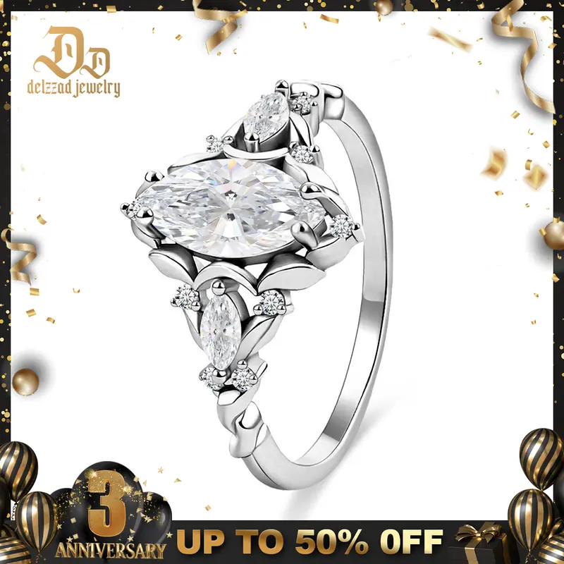 DELZZAD S925 1ct Vintage Marquise Cut Engagement Ring Synthetic Moissanite Ring Jewelry Perfect Birthday Engagement Wedding Anniversary Christmas Valentine's Day Gift