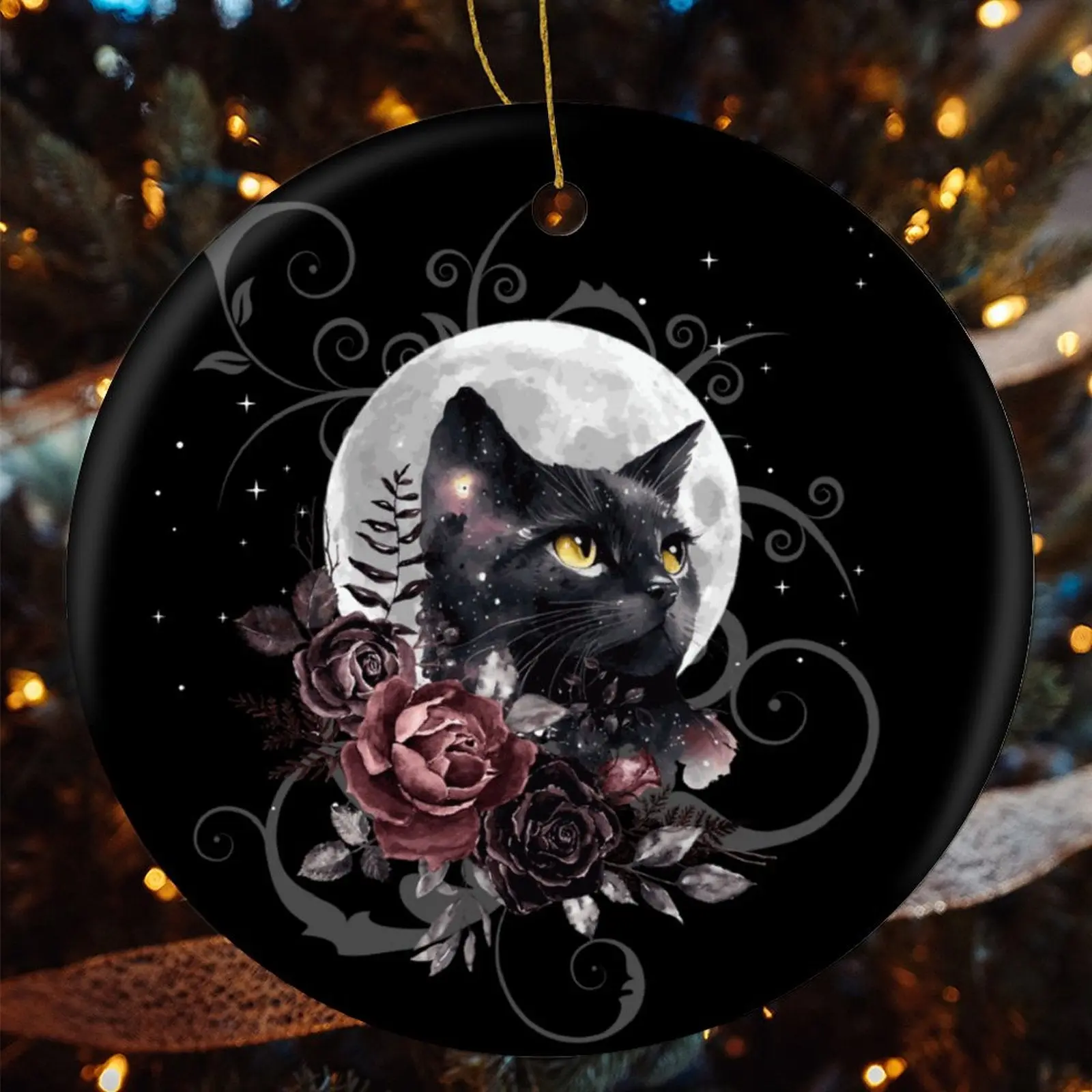 Black Cat Tarot Christmas Ceramic Ornament for Pagan holidays, featuring witch and Yule décor themes, enhance the dark cottagecore aesthetic