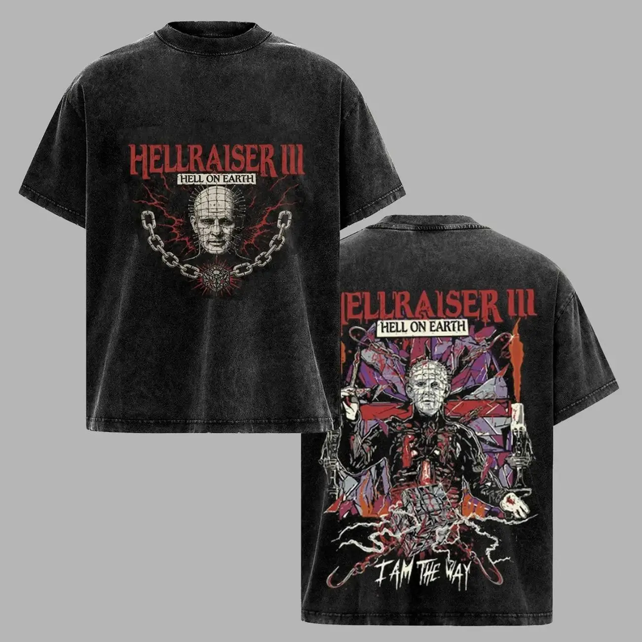 Hellraiser III Hell On Earth Vintage Horror Graphic T-Shirt Hoodie, Pinhead Chain Puzzle Box Washed Black Tee, Retro Scary Movie Shirt, Cult Horror Poster Art, Halloween Streetwear, Unisex Horror Fan Gift G0A