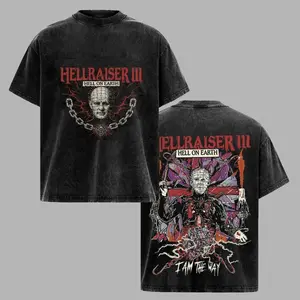 Hellraiser III Hell On Earth Vintage Horror Graphic T-Shirt Hoodie, Pinhead Chain Puzzle Box Washed Black Tee, Retro Scary Movie Shirt, Cult Horror Poster Art, Halloween Streetwear, Unisex Horror Fan Gift G0A