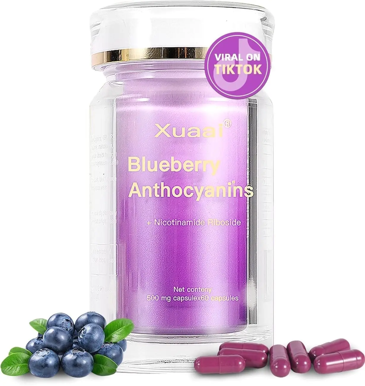 Blueberry Anthocyanins Capsules - Blueberry 10:1 Extract, Premium NAD+ Supplement with Anthocyanin & Lutein for Anti-Aging Support - Eye Vitamins Boosting Vision & Cellular Health, Vegetarian, 60 C