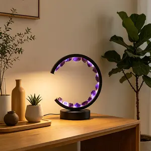 Rechargeable Amethyst Quartz Lamp, Circular LED Night Light, Energy Saving Bedside Desk Decor, Soothing Ambient Light for Bedroom Living Room, Led Atmosphere Lights, LED Table Light