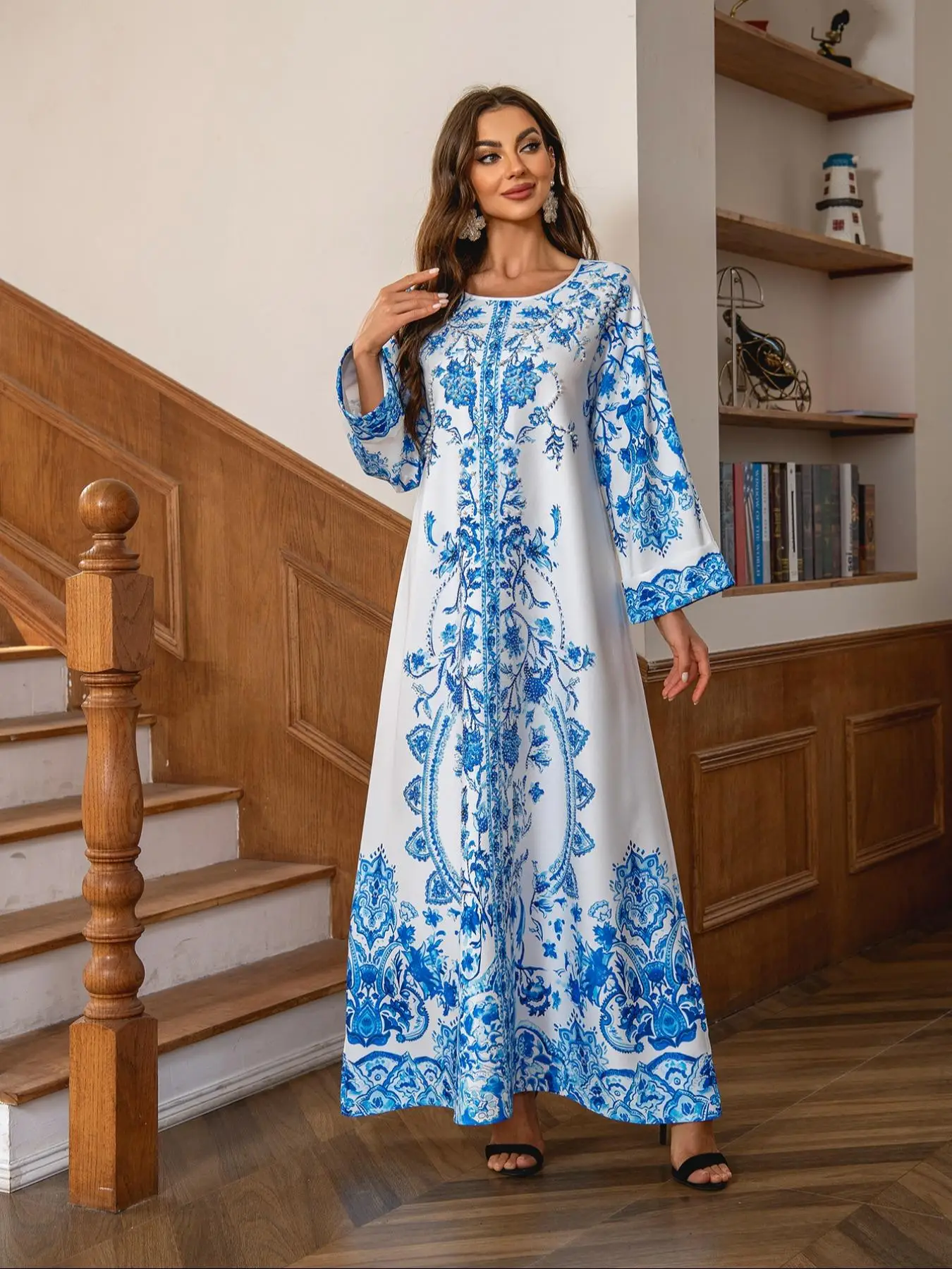 Women's Floral Print Dress, Elegant Long Sleeve Muslim Dress for Party Daily Wear, Ladies Clothes for All Seasons