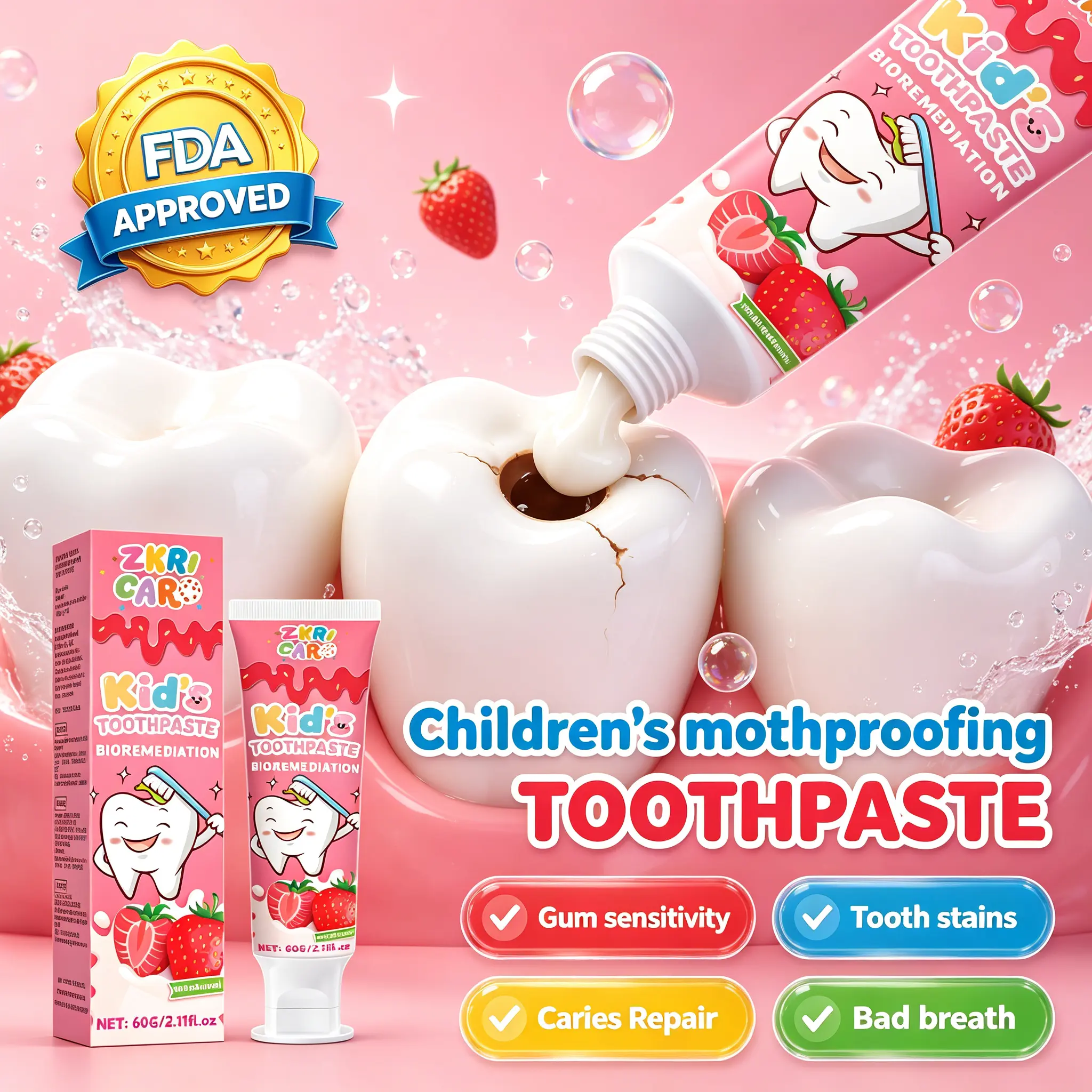 ZKRICARO Kids Anti-Cavity Toothpaste with Fluoride and Xylitol for Enamel Strengthening and Gum Health, Gentle Strawberry Flavor Paste for Toddlers, 60g