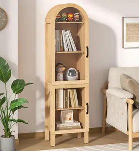 64.17 in Tall Arched Display Cabinet with Acrylic Glass Doors 5-Tier Kitchen Pantry Storage Cabinets Modern Wood Curio Cabinet Bookcase for Living Dining Room (16.92‘’W)