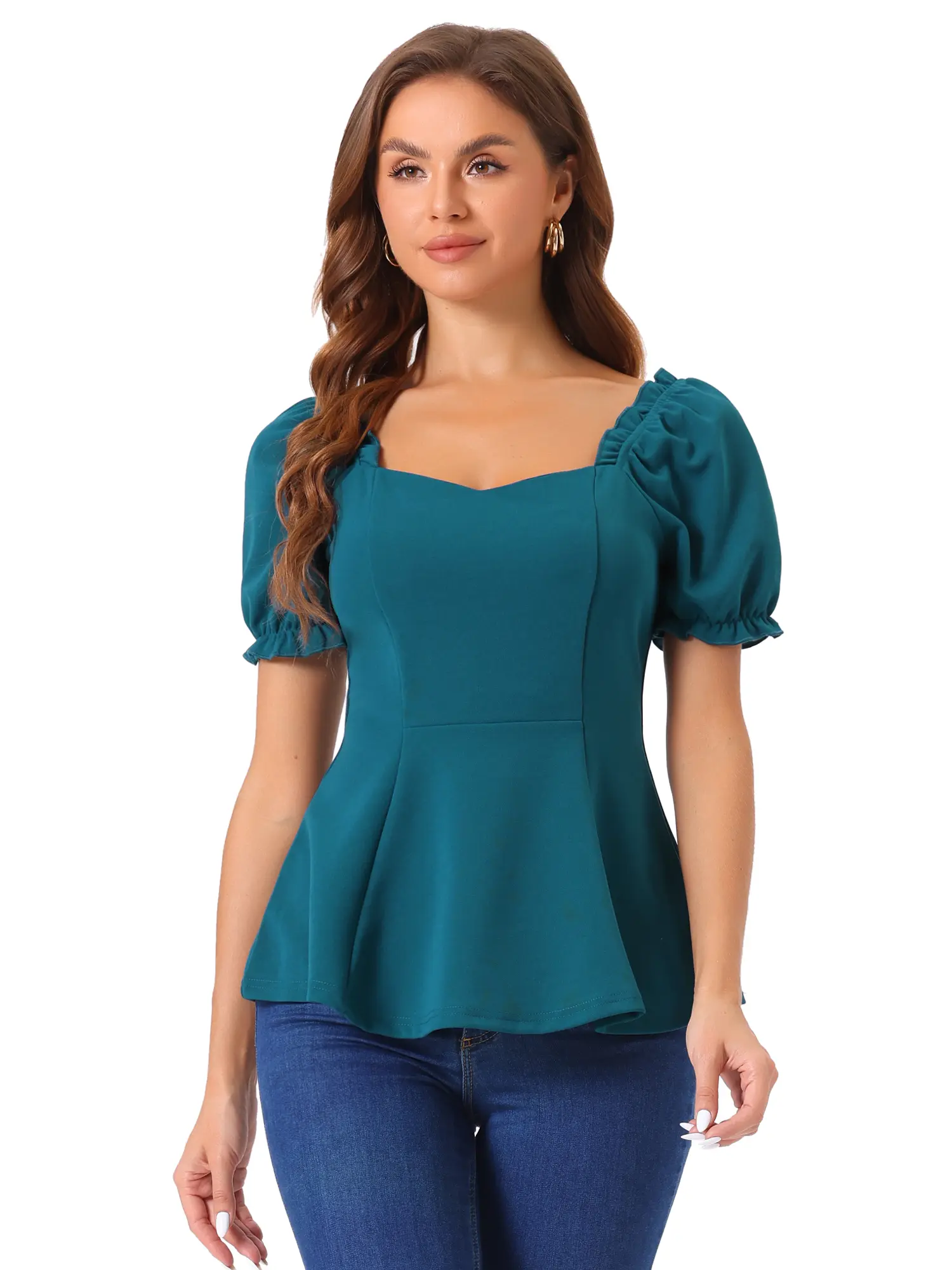 INSPIRE CHIC Peplum Top Elegant Ruffles Puff Sleeve Sweetheart Neck Blouse