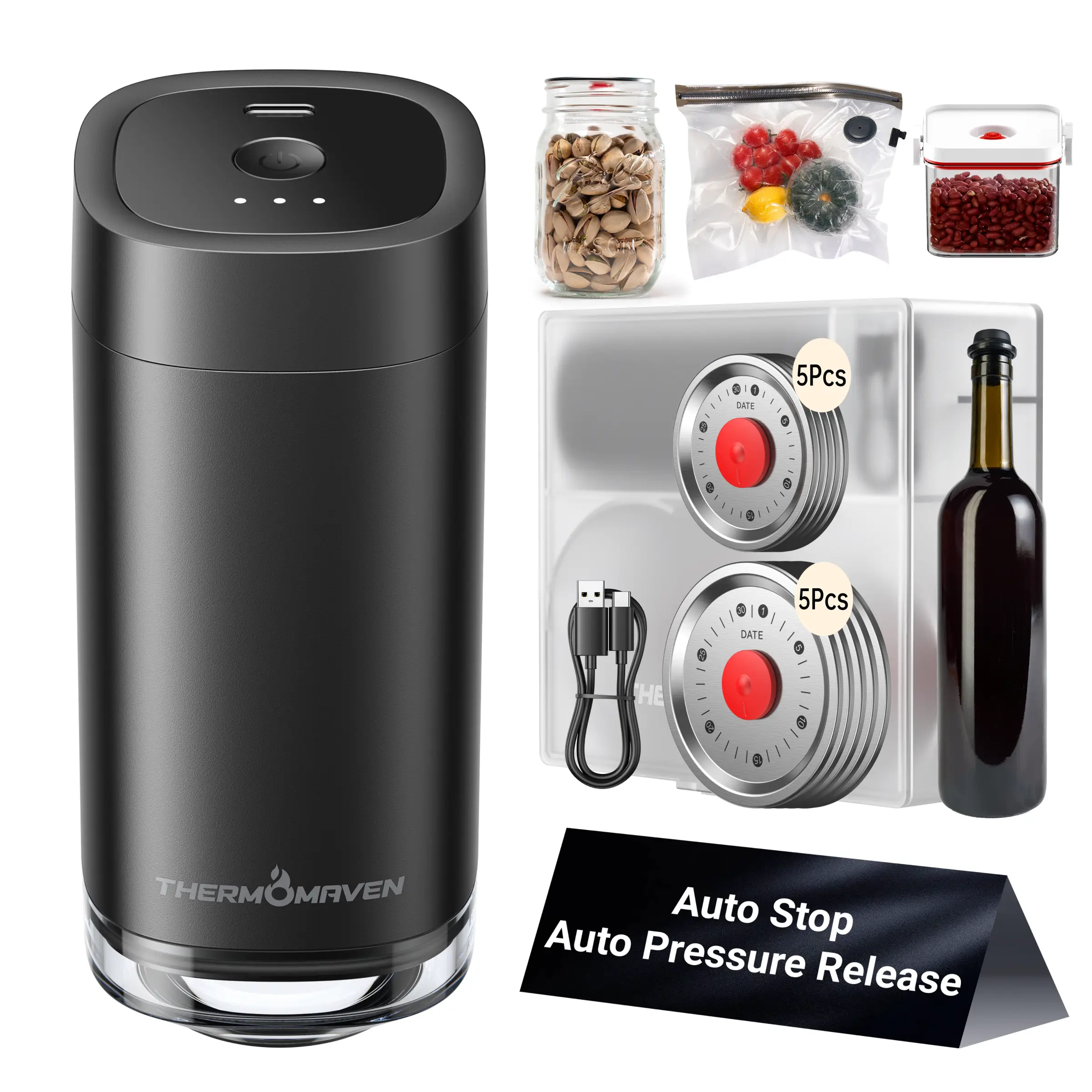 ThermoMaven Cordless Handheld Vacuum Food Sealer Kit, Patented 4-in-1 High-Efficient Automatic Vacuum System for Vacuum Sealer Bags, Mason Jar, Storag