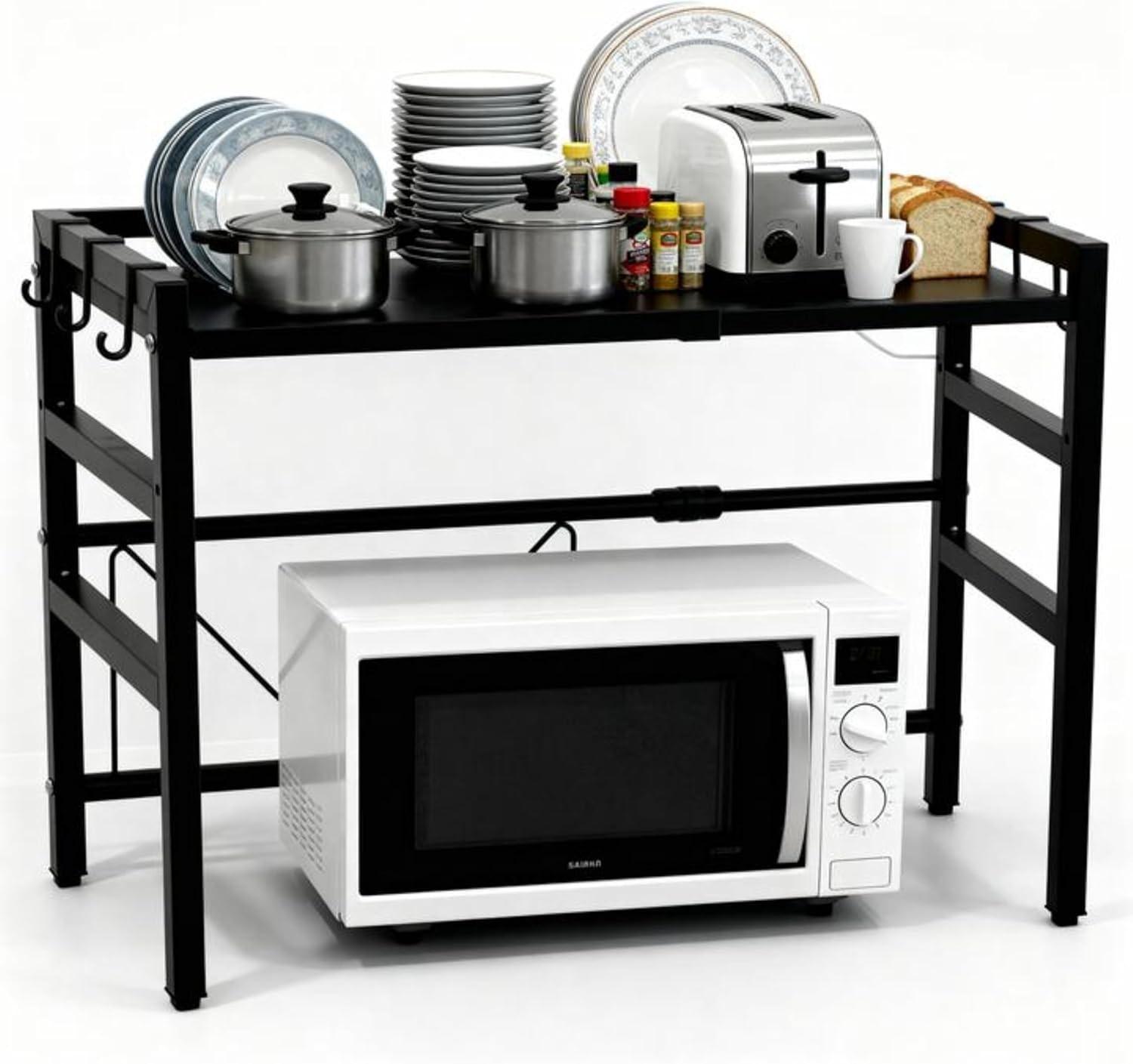 Extendable Microwave Oven Stand, Adjustable Microwave rack Toaster Shelf, Heavy Duty Rack 2 Tier Kitchen Counter Top Organizer with 6 Hooks for Kitchen