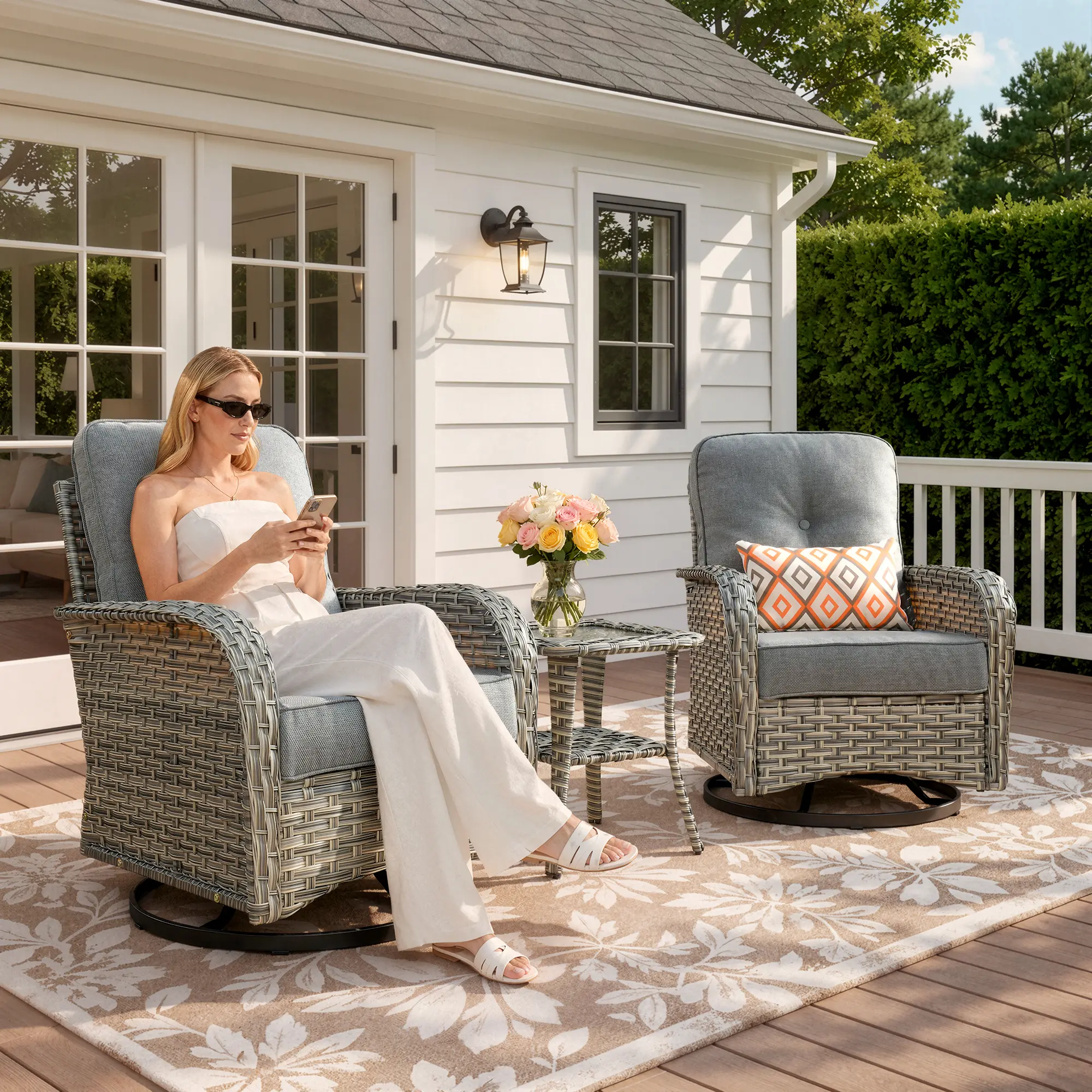 ALTRIGUS 3 Pieces Patio Furniture Set with Swivel Chair, Outdoor Swivel Rocker with Washable Cushions & Tempered Glass Tabletop, Outdoor Rattan Conversation Set for Lawn Backyard Porch