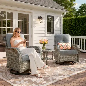 ALTRIGUS 3 Pieces Patio Furniture Set with Swivel Chair, Outdoor Swivel Rocker with Washable Cushions & Tempered Glass Tabletop, Outdoor Rattan Conversation Set for Lawn Backyard Porch