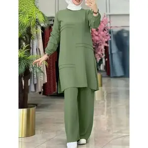 Two Piece Sets Shirt Dress &Pants Women Muslim Suits Shirt Blouse Musulman Ensembles Moroccan Kaftan Islamic Dress Sets
