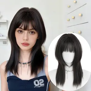Lotfon Women's Glueless Synthetic Wig, Natural Black Medium-Length Wolf Cut, Adjustable Cap Size, Lightweight and Breathable, Natural and Realistic, Easy to Wear, Perfect for Cosplay and Daily Use