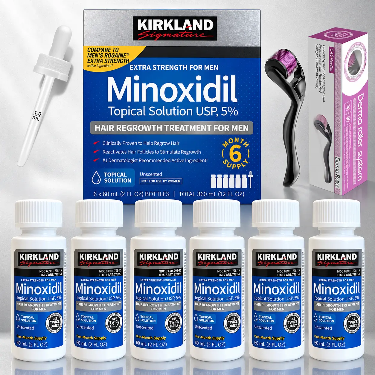 Kirkland Minoxidil 5% Extra-Strength Haircare Liquid Solution for Easy Scalp Use, Non-Toxic Hair Loss Product with Thickening Regrowth Formula, Clinically Proven to Restore Men’s Thinning Hair