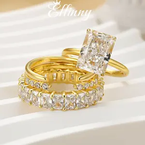 Effinny 6.0ct Radiant Cut Golden 4PC Wedding Ring Set in 925 Sterling Silver, Women's Promise Ring Set with Open Wedding Band Outdoorfun