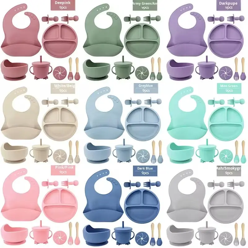 9-Piece Silicone Baby Feeding Set, BPA-Free Toddler Dinnerware with Suction Bowl, Divided Plate, Bib, Training Cup and Wooden Utensils for Self-Feeding, Feeding Accessories, Toddler Plates And Bowls Set