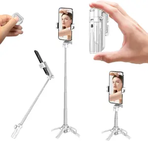 Pocket Flex Selfie Stick Tripod, 3-in-1 Extendable Mini Phone Stand with Wireless Remote, Portable Handheld Grip Tripod for iPhone Android, Vlogging Live Streaming Photography (White)