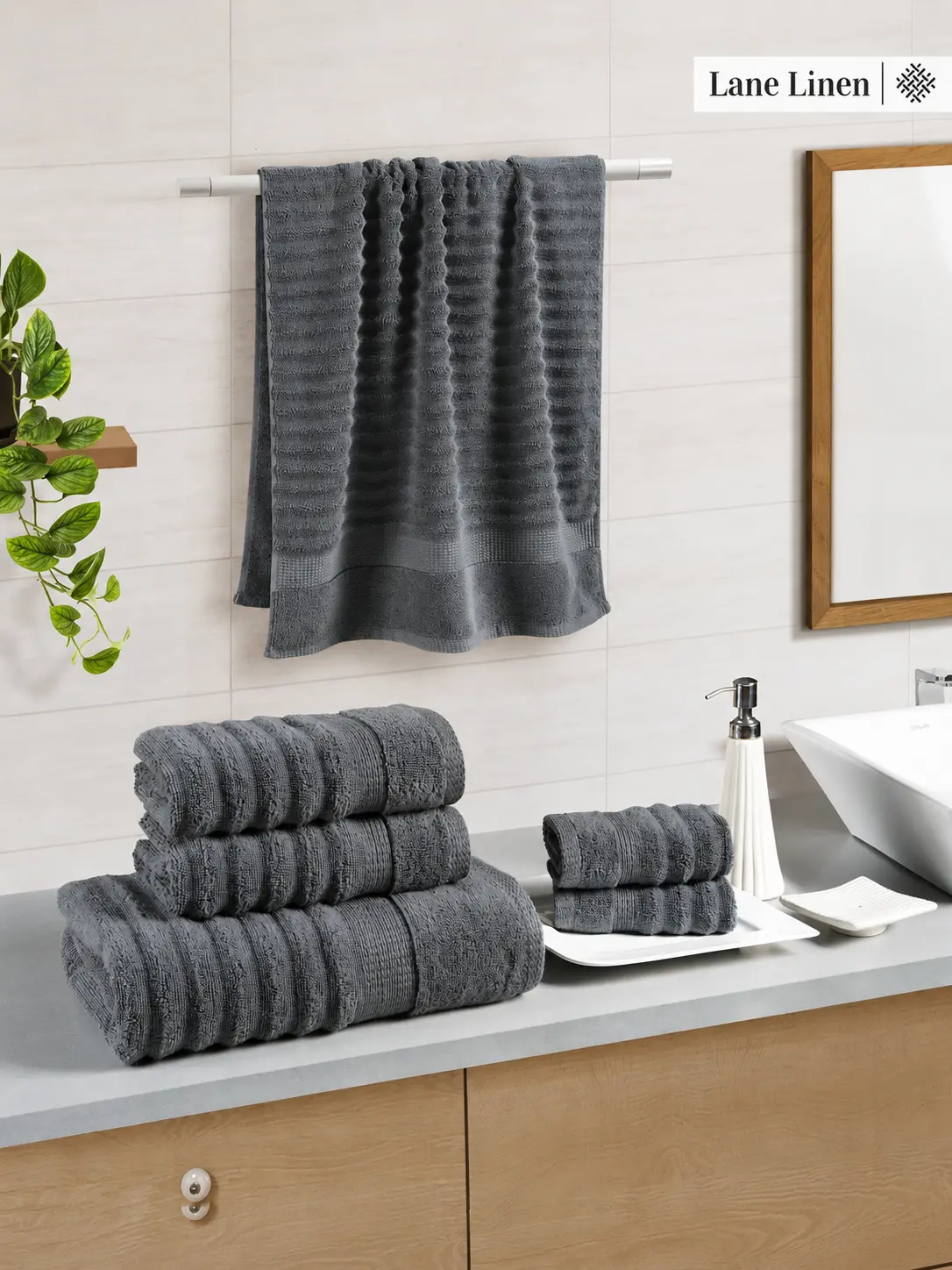 LANE LINEN Luxury Ribbed Bath Towels Set - 100% Cotton, Soft Towel Set, 2 Bath Towels, 2 Hand Towels, 2 Washcloths (6 Piece Set) - Lint, Shower LANE LINEN Luxury Ribbed Bath Towels Set - 100% Cotton, Soft Towel Set, 2 Bath Towels, 2 Hand Towels, 2 Washcloths (6 Piece Set) - Lint, Shower