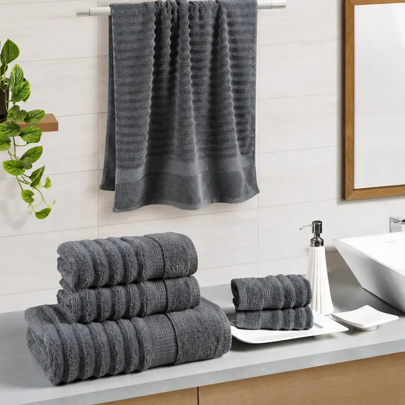 LANE LINEN Luxury Ribbed Bath Towel Set, 6 Piece - 100% Cotton, Zero Twist, Soft & Absorbent Towels for Bathroom, Shower, Spa - 2 Bath, 2 Hand, 2 Washcloth, Lint, Towel Sets