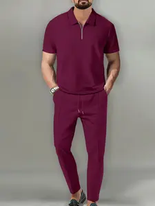 Men's Two-Piece Set for Summer, Quarter-Zip Polo Shirt and Drawstring Pants, Casual and Urban Style, Perfect for Relaxing Days