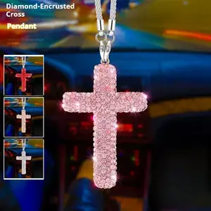 Diamond-Encrusted Cross Pendant Car Hanging Ornament Interior Accessory Unique Fashion Gift for Rearview Mirror & Steering Wheel Car Decoration Daily Encouragement Vehicle Christia
