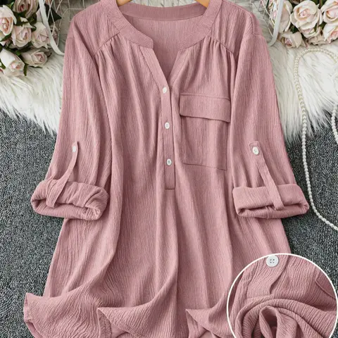 LUNE Plus Size V Neck Blouse with Pockets, Casual Roll-Up Sleeve Design, Comfortable Daily Wear Top for Women