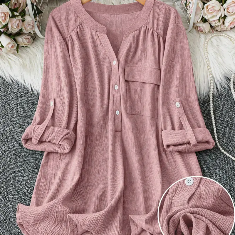 LUNE Plus Size V Neck Blouse with Pockets, Casual Roll-Up Sleeve Design, Comfortable Daily Wear Top for Women