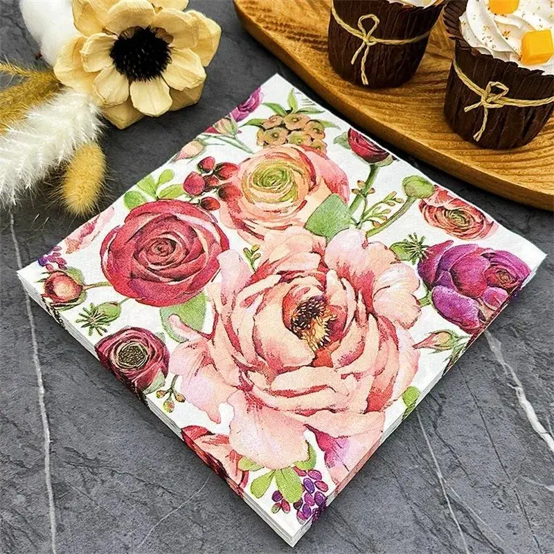 Upscale Rose-Design Colorful Printed Disposable Paper Napkins, 2-Ply 33cm Food Grade Ink Tissues, 20 Sheets Bag for Western Restaurants & Households, Facial Sheet Napkins, 20Pcs, 330X330mm