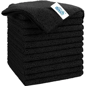 Black Microfiber Cleaning Cloth, 12 Pack Premium Microfiber Towels for Cars, Lint Free, Scratch-Free, Highly Absorbent, Reusable Cleaning Rags for Car, Household, Kitchen, Window, 11.5"X11.5"