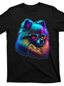 A Stylish Graphic Tee Featuring a Lively Pomeranian Wearing Fashionable Glasses - a Black Casual Round Neck Shirt for Adults, Easy to Wash And Suitable for All Seasons, Plus Size