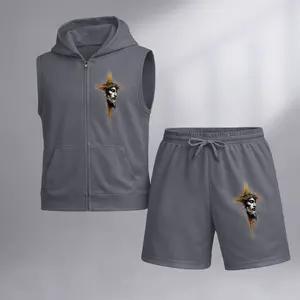Men's Sleeveless Hoodie Shorts Set 2 Piece Athletic Outfit Summer Casual Gym Workout Streetwear Zip Up Hooded Vest Drawstring Shorts Breathable Lightweight Comfortable Lounge Matching Set for Men