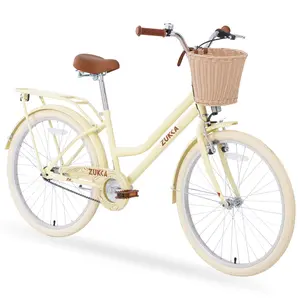 24" Single-Speed Cruiser Bike with Brown Leather Saddle & Basket - Front V-Brake Rear Coaster Brake Full Chain Guard
