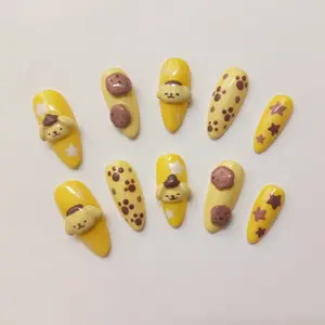 Po-Pompompurin-in Sunshine Press On Nails | Handmade 3D Kawaii Puppy Nails | Yellow Sa-Sanrio-Inspired Nail Art | Cute Dessert Luxury Almond Press-On Nails with Gift Set (Adhesive Tabs, Nail File, Cuticle Stick)