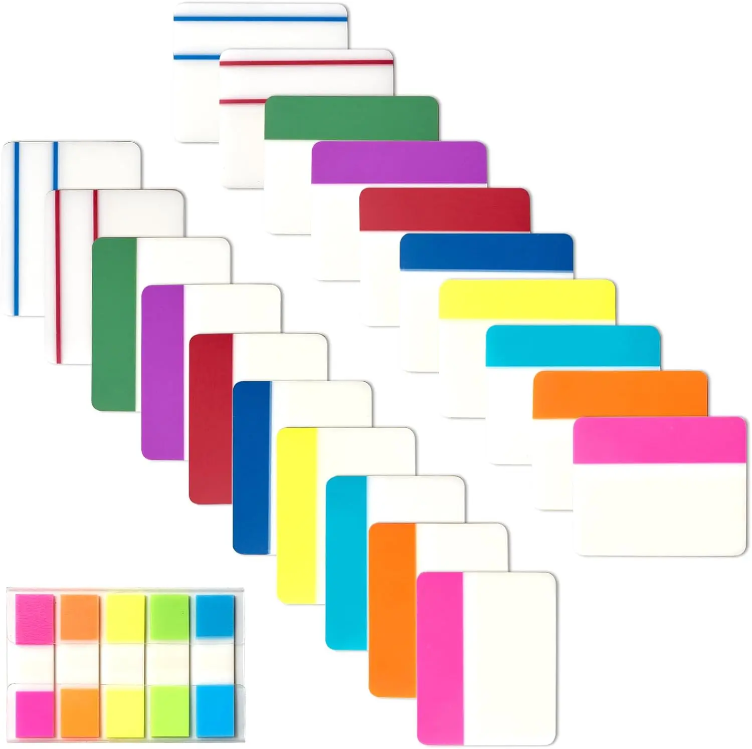 Quellance Sticky Index Tabs - 500Pcs 2in Writable Neon Colors Bop Transparent Repositionable File Tab Flags, Self-Adhesive Dividers for Students' Files, Binders, Organization (21 Set)