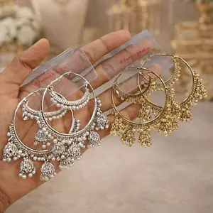 Oversized Hoops with 5 Mini Jhumka Accents - Elegant Gold & Silver Tassel Earrings for Women