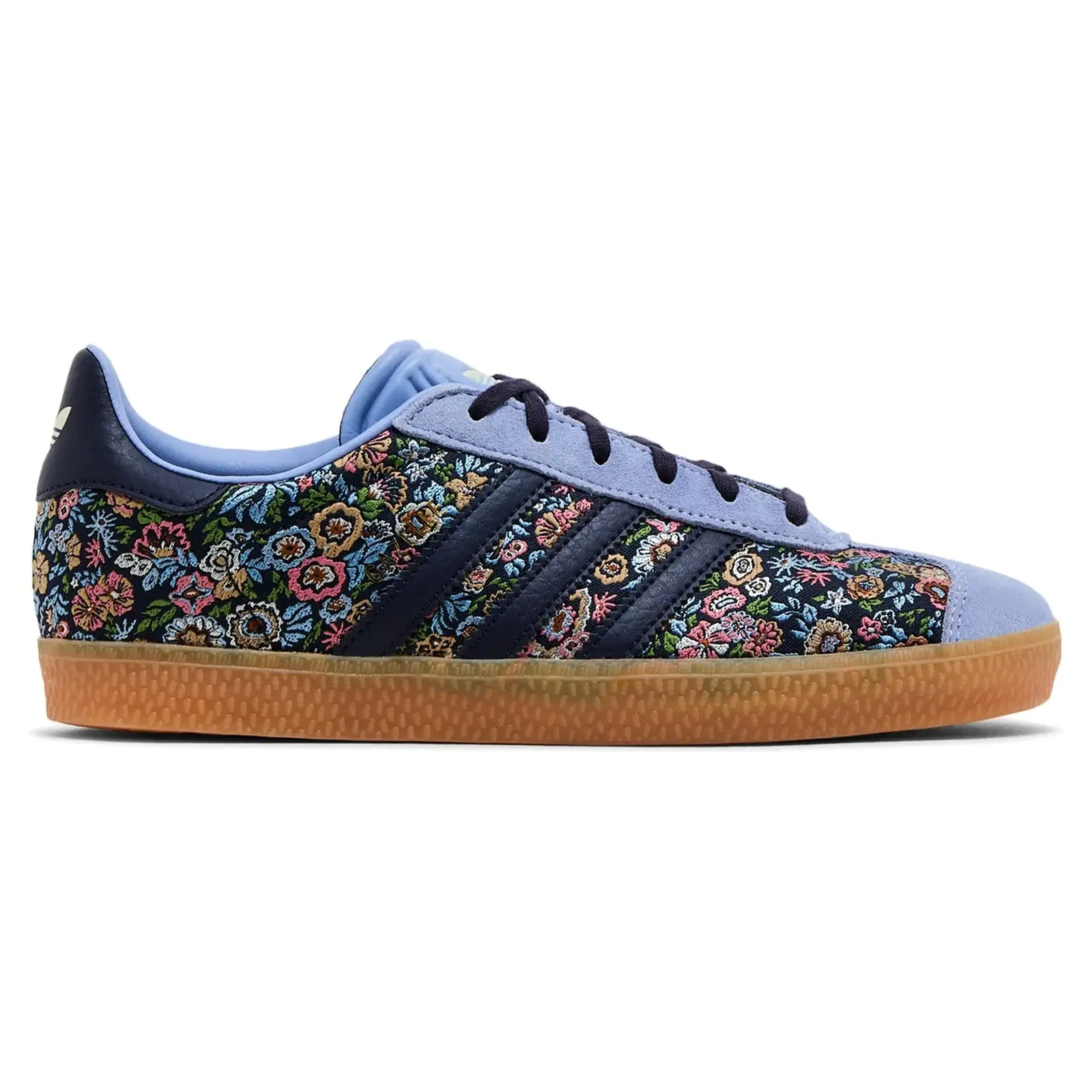Adidas Gazelle x Liberty London Sneaker, Floral Embroidery Casual Shoe for Women & Youth in Navy Purple with Gum Sole, JH5207, Floral Pattern, Youth Trainers, Casual Wear, Footwear, Aesthetic, Flower Accents Casual Trainers