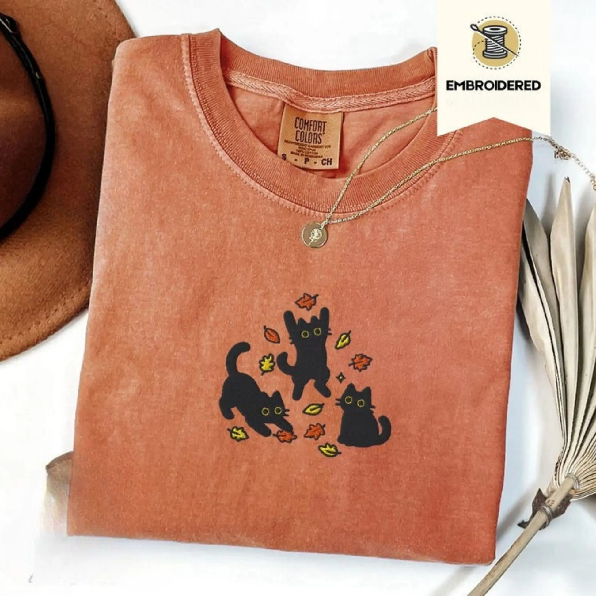 Black Cats and Fall Leaves Comfort Color Tee, Embroidered Autumn Cat Shirt, Comfort Colors 1717, Cute Fall T-Shirt, Cozy Cat Lover Gift, Autumn Aesthetic