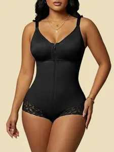 1 Count Women's Sleeveless Solid Color Underwear Bodysuit, V Neck Silhouette With Elegant Floral Lace Trim Hem Jumpsuit, Fajas, High Waist Tummy Control And Butt Lifting Compression Shapewear, Colombian Shapewear, Suitable For Beach Outings, Fitness