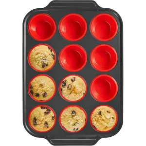 Silicone Muffin Pans for Baking with Metal Frame, Egg Bite Molds, Cupcake Pans 12 Regular Size, Muffin Tins Easy to Pop Nonstick Non Toxic Bakeware for Oven, Red