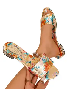 Women's Printed Low Heel Slippers, Summer Satin Strap Sandals, Comfortable Outdoor Casual Beach Shoes, Non-Slip Flat Sole