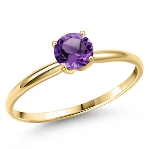 Gem Stone King 14K Yellow Gold Purple Amethyst Engagement Ring For Women | 1.00 Cttw | Round 6MM | Gemstone February Birthstone | Wedding Anniversary Promise Ring For Women
