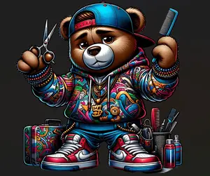 Barber Bear Ready to Press Heat Transfer DTF Transfer Direct to Film for Cotton and Polyester Garments with Firm Press Settings 300-320°F