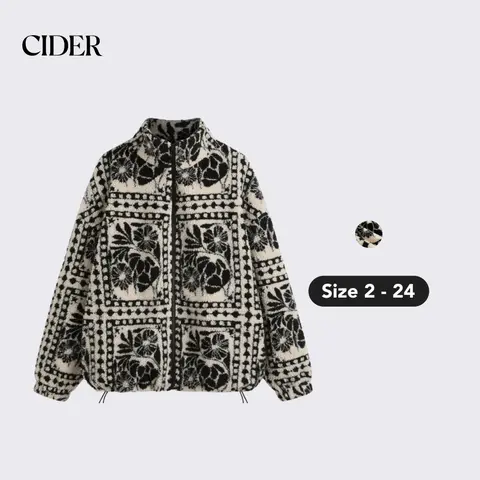 Women's Oversized Polyester Fleece Cider Jacket - S-4, M-6, XL-10, 1XL-16/18, Loose, Stand Collar, Abstract Print, Drawstring, Long Sleeve, Cozy, Street-Style, Zippered Plain Casual Fashionable Outerwear
