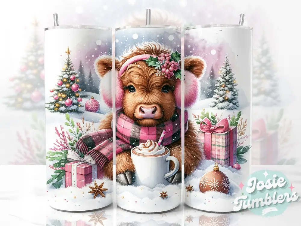 Hot Cocoa Highland Cow Tumbler 20oz Skinny Tumbler Christmas Sublimation Tumbler Hot Cocoa Christmas Tumbler