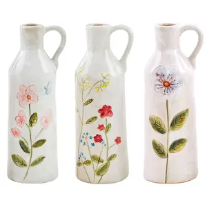 Hand-Painted Flower Botanical Stoneware Bottle Style Vase | 3 Styles
